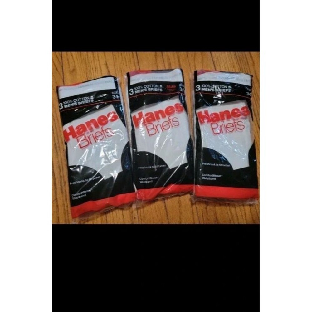 Size 34 new dead stock 1987 men's white 100% cotton briefs Hanes USA all 3 packs